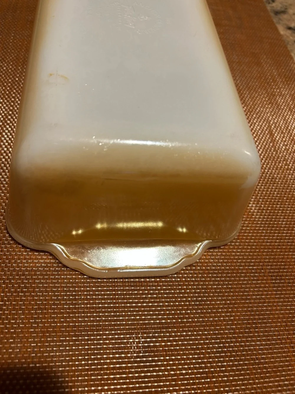 Fire King #409 Peach Lustre 1Qt. Loaf Baking Dish. 9” x 5” No chips or cracks.